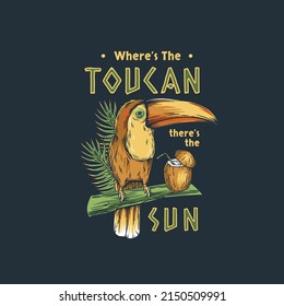 Tropical toucan with coconut cocktail and leaves for design of tropic beach bar. Exotic bird with plants for hawaii prints