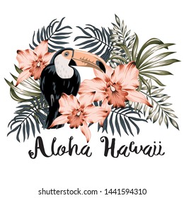 Tropical toucan, palm leaves, pink orchid flowers bouquet, text Aloha Hawaii, white background. T shirt, card, poster template. Vector illustration. Summer beach floral design with bird 