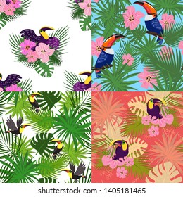 Tropical toucan pattern set. Cartoon illustration of tropical toucan vector pattern set for web design