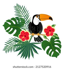 A tropical toucan sits on a branch surrounded by palm leaves and red hibiscus flowers. Exotic print. Vector illustration.