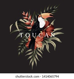 Tropical toucan slogan floral palm leaves, hibiscus flowers,  parrot vintage illustration. Exotic summer print.