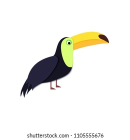 Tropical toucan in trandy paper cut style. Craft jungle wild bird isolated on white background for package design, T-shirt printing. Vector card illustration in papercutting art style