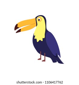 Tropical toucan in trandy paper cut style. Craft jungle wild bird isolated on white background for package design, T-shirt printing. Vector card illustration in papercutting art style
