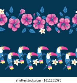 Tropical Toucans and Hibiscus Vector Horizontal Seamless Isolated Borders Set