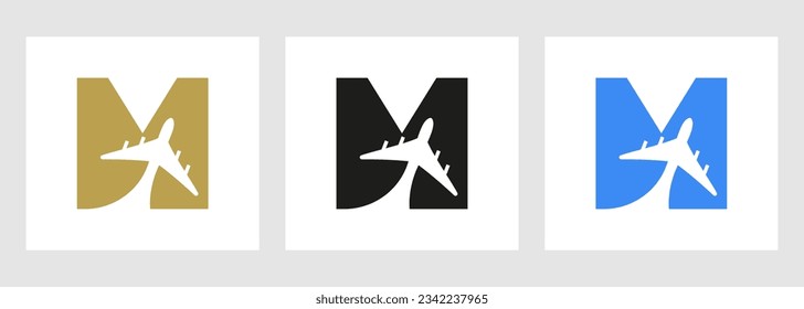 Tropical Travel Logo On Letter M Concept. Airplane Flight Symbol Template