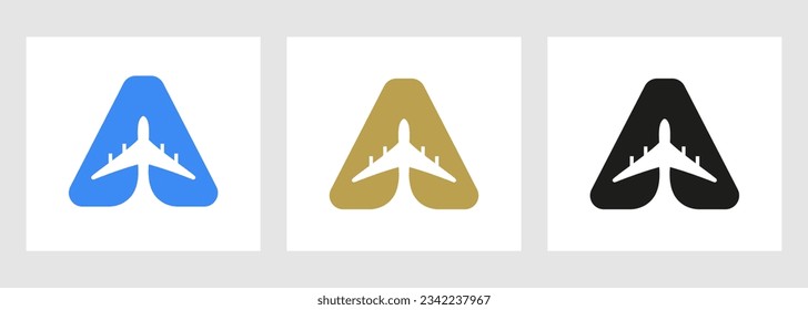 Tropical Travel Logo On Letter A Concept. Airplane Flight Symbol Template