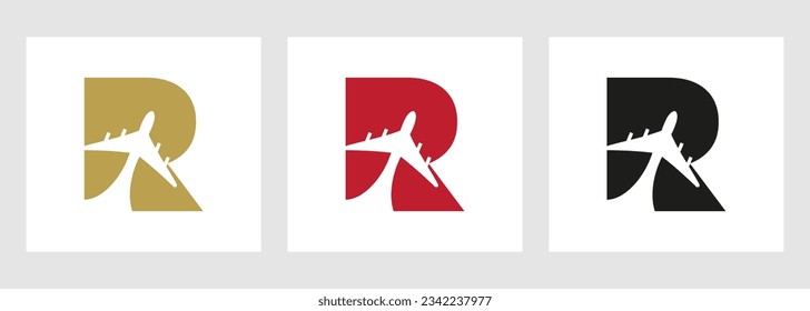Tropical Travel Logo On Letter R Concept. Airplane Flight Symbol Template