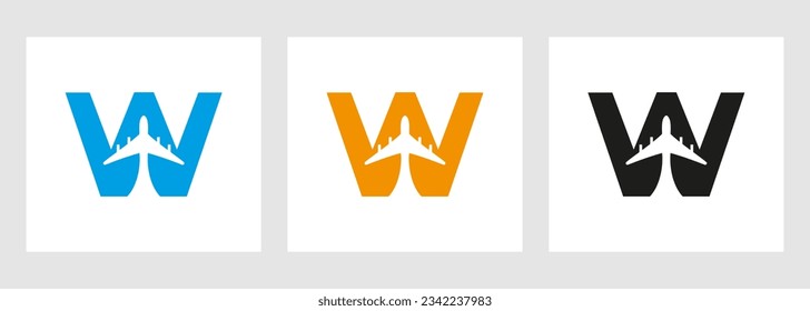 Tropical Travel Logo On Letter W Concept. Airplane Flight Symbol Template