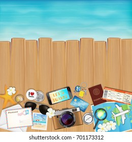 tropical travel object set on wood with sea