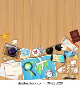 tropical travel object set on wood board background