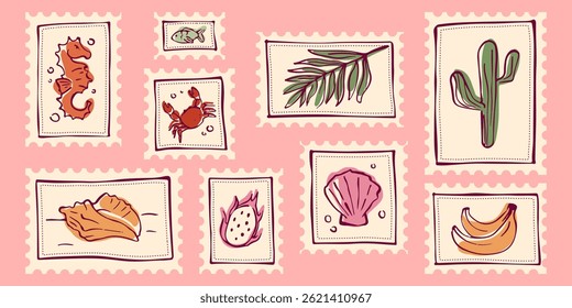 Tropical travel stamp collection - seahorse and crab, fish and seashell, pitaya dragon fruit and banana leaves, cactus. Line art illustrations set for vintage postmarks and fridge magnets designs.