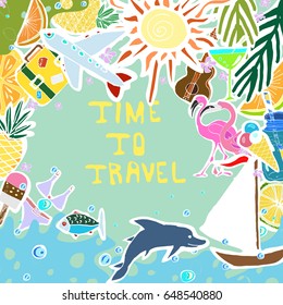Tropical Traveling Objects in Circle Collage. Travel and Recreation Time Concept. Hand Drawn Vector illustration. Hand Written Words Time To Travel.