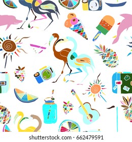 Tropical Traveling Objects clip art. Travel and Recreation Time Concept. Hand Drawn Vector illustration.