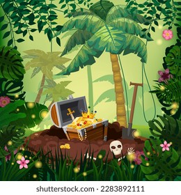 Tropical Treasure Island Pirate chest full of gold coins, gems, crown, sword, digging hole. Jungle tropical forest