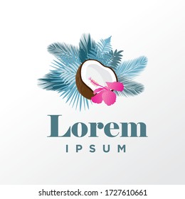 tropical tree branches in behind of coconut and hibiscus flower, vector logo template
