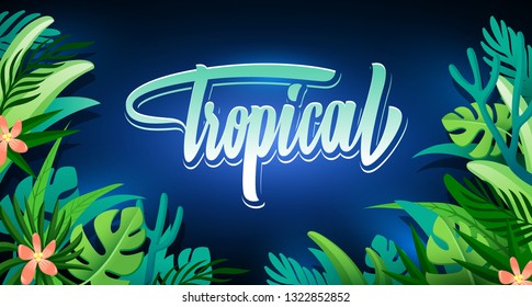 Tropical tree elements such as palm. Composition of exotic plants on a dark background.