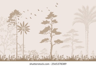 Tropical tree landscape Silhouette birds flying over the forest