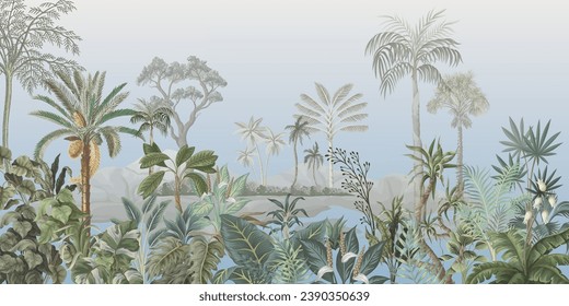 Tropical tree and Leaf jangle print, Beautiful jangle background with watercolor tree.  