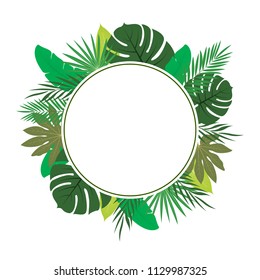 Tropical Tree Leaves In Round Frame. Exotic Vector Illustration.