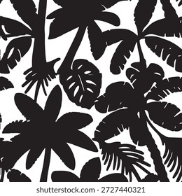 Tropical tree palms black and white pattern. Seamless tropical pattern. Black and White Palm trees, leaves.
