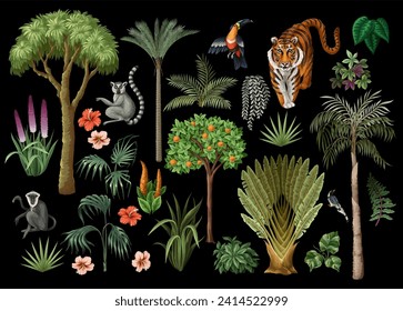 Árboles tropicales, animales, flores y pájaros aislados. Vector