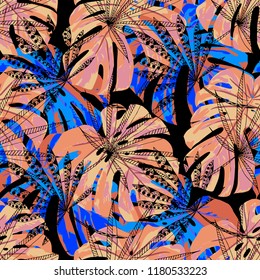 Tropical Trees. Seamless Pattern with Australian Jungle. Modern Colorful Texture for Dress, Swimwear, Cloth. Vector Tropical Pattern.