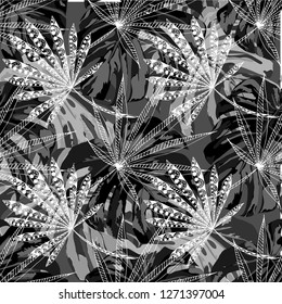 Tropical Trees. Seamless Pattern with Australian Rainforest. Modern Black and White Texture for Paper, Swimwear, Cloth. Vector Tropical Pattern.