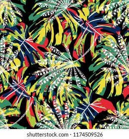 Tropical Trees. Seamless Pattern with Brasilian Jungle. Trendy Colorful Texture for Dress, Curtain, Cloth. Vector Tropical Pattern.