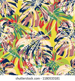 Tropical Trees. Seamless Pattern with Brasilian Jungle. Vintage Colorful Texture for Dress, Swimwear, Cloth. Vector Tropical Pattern.