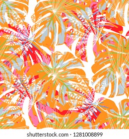 Tropical Trees. Seamless Pattern with Brasilian Rainforest. Modern Colorful Texture for Dress, Swimwear, Cloth. Vector Tropical Pattern.