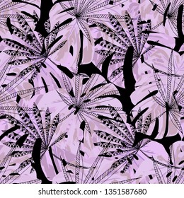 Tropical Trees. Seamless Pattern with Brasilian Jungle. Vintage Colorful Texture for Print, Swimwear, Underwear. Vector Tropical Pattern.