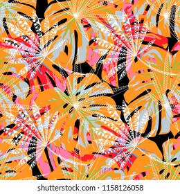 Tropical Trees. Seamless Pattern with Hawaiian Jungle. Retro Colorful Texture for Print, Textile, Underwear. Vector Tropical Pattern.