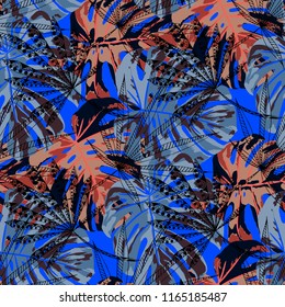 Tropical Trees. Seamless Pattern with Hawaiian Jungle. Modern Colorful Texture for Wallpaper, Swimwear, Underwear. Vector Tropical Pattern.
