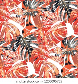 Tropical Trees. Seamless Pattern with Hawaiian Rainforest. Vintage Colorful Texture for Paper, Swimwear, Cloth. Vector Tropical Pattern.