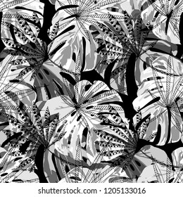 Tropical Trees. Seamless Pattern with Hawaiian Jungle. Vintage Black and White Texture for Paper, Wallpaper, Textile. Vector Tropical Pattern.