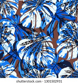 Tropical Trees. Seamless Pattern with Hawaiian Jungle. Trendy Colorful Texture for Paper, Swimwear, Cloth. Vector Tropical Pattern.
