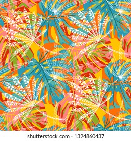 Tropical Trees. Seamless Pattern with Hawaiian Jungle. Modern Colorful Texture for Print, Textile, Underwear. Vector Tropical Pattern.