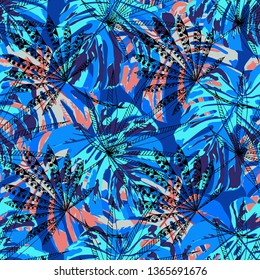 Tropical Trees. Seamless Pattern with Hawaiian Rainforest. Vintage Colorful Texture for Paper, Wallpaper, Textile. Vector Tropical Pattern.