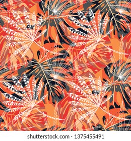 Tropical Trees. Seamless Pattern with Hawaiian Rainforest. Retro Colorful Texture for Print, Swimwear, Underwear. Vector Tropical Pattern.