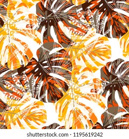 Tropical Trees. Seamless Pattern with Indian Rainforest. Retro Colorful Texture for Fabric, Textile, Linen. Vector Tropical Pattern.