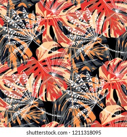 Tropical Trees. Seamless Pattern with Indian Jungle. Vintage Colorful Texture for Dress, Swimwear, Cloth. Vector Tropical Pattern.
