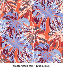 Tropical Trees. Seamless Pattern with Indian Rainforest. Trendy Colorful Texture for Paper, Swimwear, Cloth. Vector Tropical Pattern.