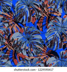 Tropical Trees. Seamless Pattern with Indian Jungle. Retro Colorful Texture for Print, Textile, Linen. Vector Tropical Pattern.