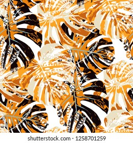 Tropical Trees. Seamless Pattern with Indian Rainforest. Vintage Colorful Texture for Fabric, Wallpaper, Textile. Vector Tropical Pattern.