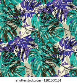Tropical Trees. Seamless Pattern with Indian Jungle. Modern Colorful Texture for Print, Textile, Linen. Vector Tropical Pattern.