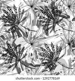 Tropical Trees. Seamless Pattern with Indian Rainforest. Retro Black and White Texture for Fabric, Wallpaper, Textile. Vector Tropical Pattern.