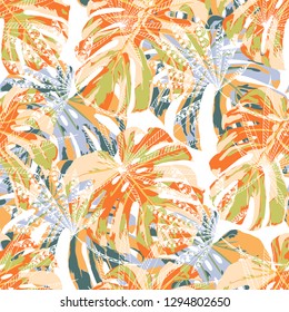 Tropical Trees. Seamless Pattern with Indian Jungle. Retro Colorful Texture for Print, Textile, Linen. Vector Tropical Pattern.