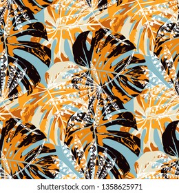 Tropical Trees. Seamless Pattern with Indian Jungle. Trendy Colorful Texture for Fabric, Textile, Linen. Vector Tropical Pattern.