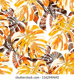 Tropical Trees. Seamless Pattern with Indonesian Rainforest. Vintage Colorful Texture for Fabric, Wallpaper, Textile. Vector Tropical Pattern.