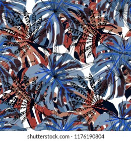 Tropical Trees. Seamless Pattern with Indonesian Jungle. Vintage Colorful Texture for Print, Swimwear, Underwear. Vector Tropical Pattern.